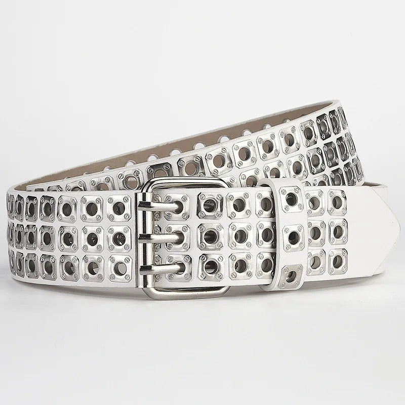 Womens Goth Punk Studded Belt Y2K Metal Pin Buckle Waistband Streetwea - Buckle Detail - QHA UK