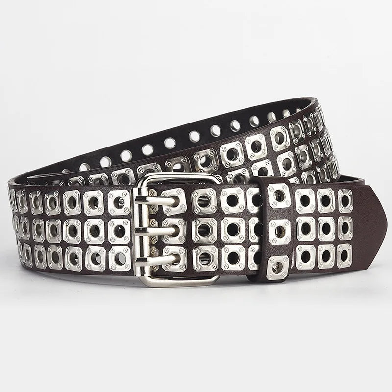 Womens Goth Punk Studded Belt Y2K Metal Pin Buckle Waistband Streetwea - Buckle Detail - QHA UK
