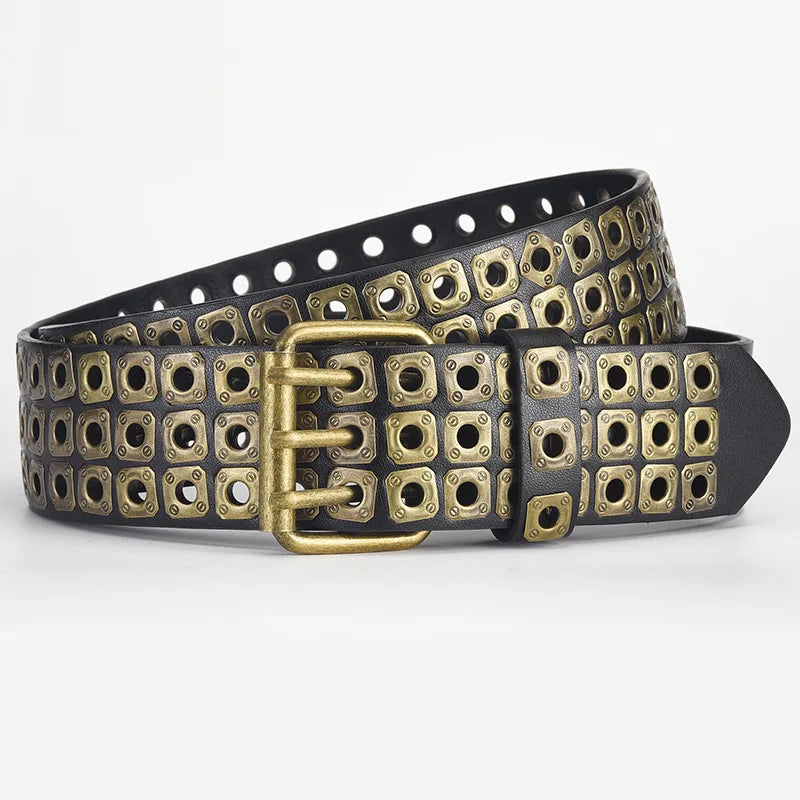 Womens Goth Punk Studded Belt Y2K Metal Pin Buckle Waistband Streetwea - Buckle Detail - QHA UK