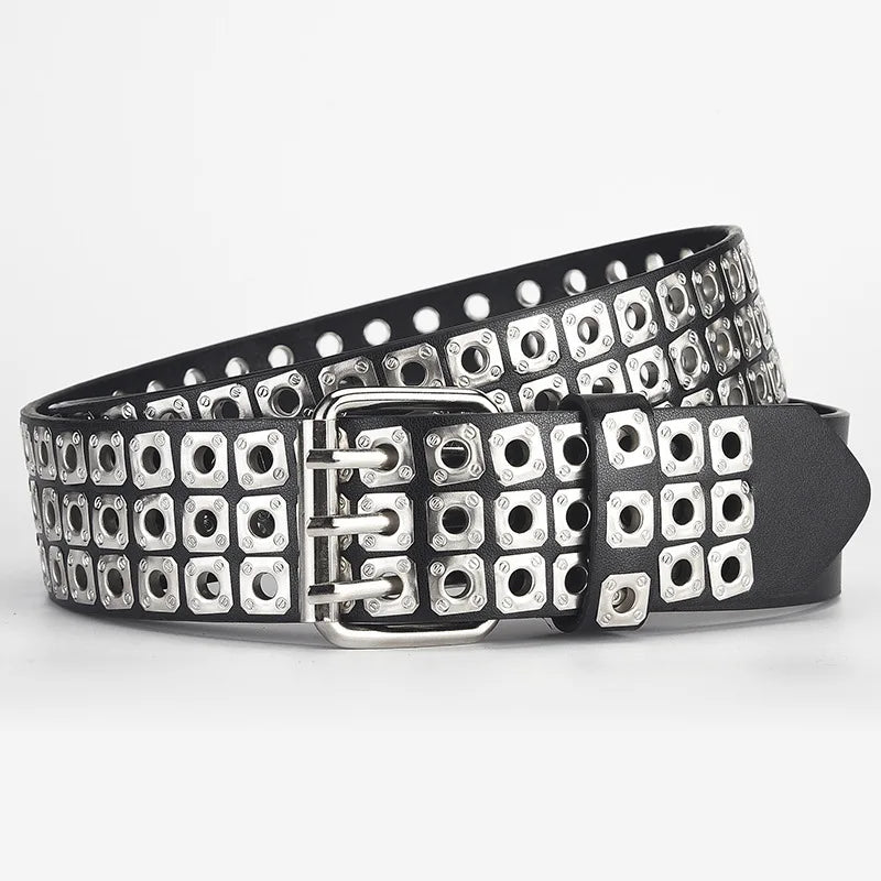 Womens Goth Punk Studded Belt Y2K Metal Pin Buckle Waistband Streetwea - Buckle Detail - QHA UK