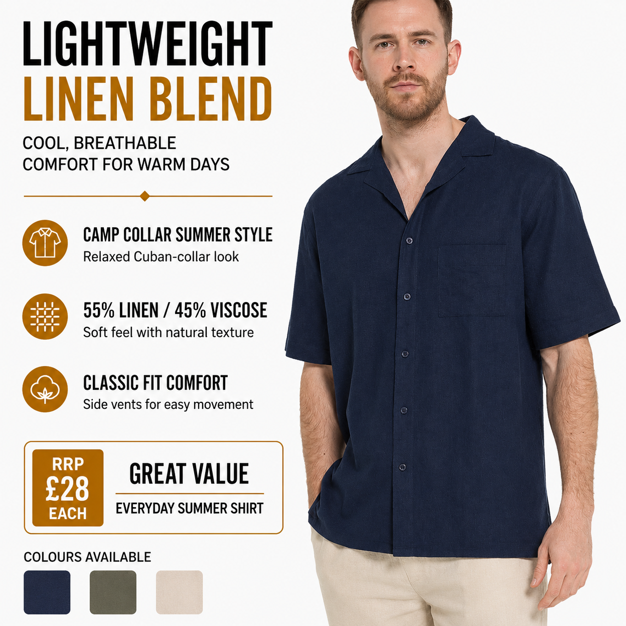 Indigo Roc Mens Linen Blend Camp Collar Shirt Short Sleeve Summer Casu - QHA UK