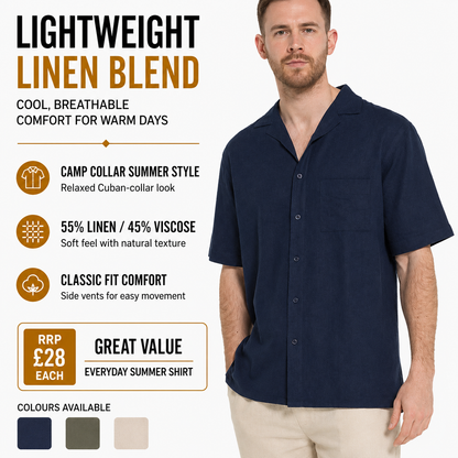 Indigo Roc Mens Linen Blend Camp Collar Shirt Short Sleeve Summer Casu - QHA UK