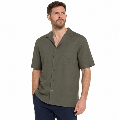 Indigo Roc Mens Linen Blend Camp Collar Shirt Short Sleeve Summer Casu - Collar Detail - QHA UK