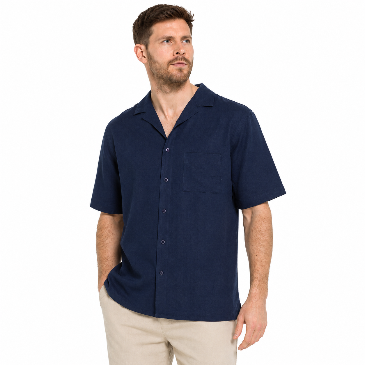 Indigo Roc Mens Linen Blend Camp Collar Shirt Short Sleeve Summer Casu - Collar Detail - QHA UK