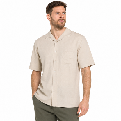 Indigo Roc Mens Linen Blend Camp Collar Shirt Short Sleeve Summer Casu - Collar Detail - QHA UK