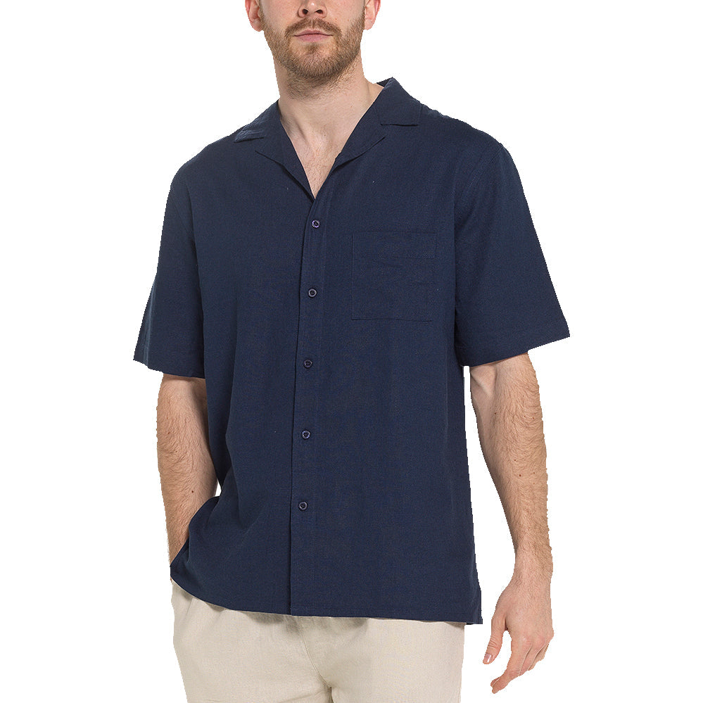 Indigo Roc Mens Linen Blend Camp Collar Shirt Short Sleeve Summer Casu - Collar Detail - QHA UK