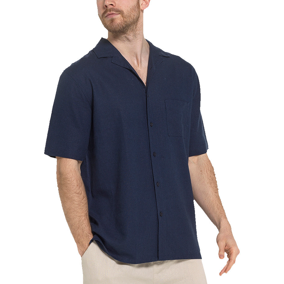 Indigo Roc Mens Linen Blend Camp Collar Shirt Short Sleeve Summer Casu - Collar Detail - QHA UK