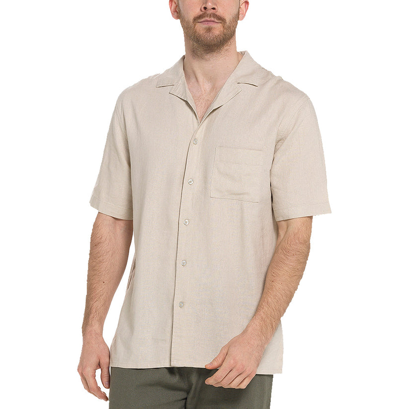 Indigo Roc Mens Linen Blend Camp Collar Shirt Short Sleeve Summer Casu - Collar Detail - QHA UK