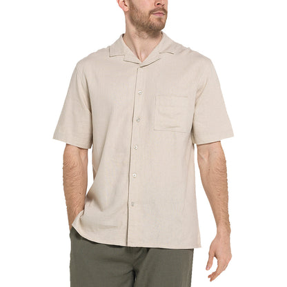 Indigo Roc Mens Linen Blend Camp Collar Shirt Short Sleeve Summer Casu - Collar Detail - QHA UK