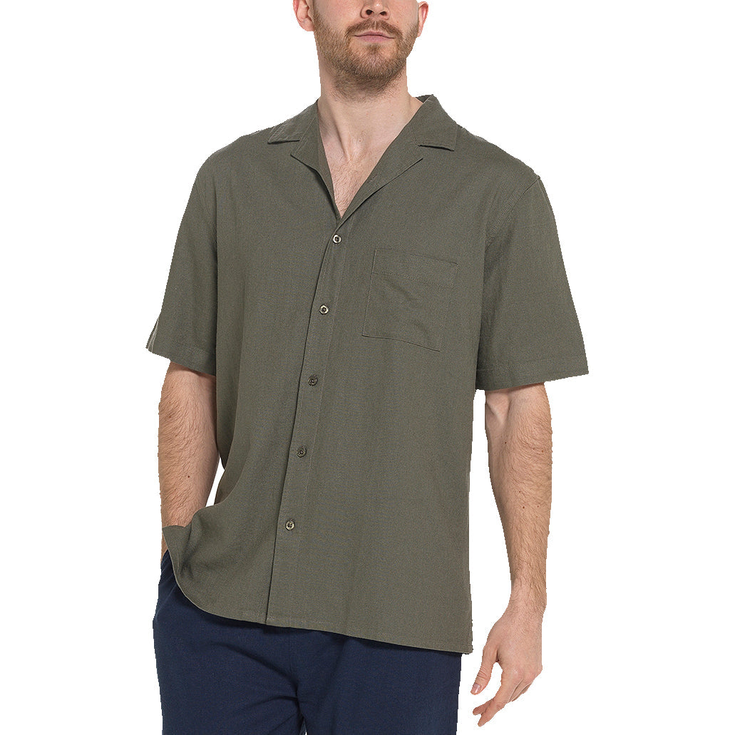 Indigo Roc Mens Linen Blend Camp Collar Shirt Short Sleeve Summer Casu - Collar Detail - QHA UK