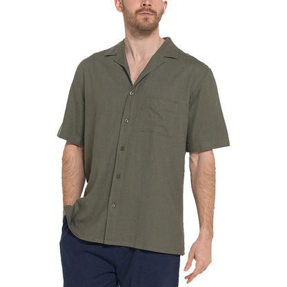 Indigo Roc Mens Linen Blend Camp Collar Shirt Short Sleeve Summer Casu - Collar Detail - QHA UK