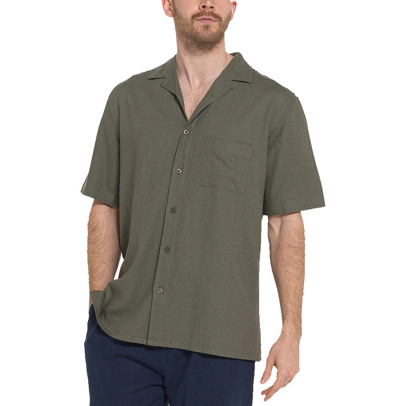 Indigo Roc Mens Linen Blend Camp Collar Shirt Short Sleeve Summer Casu - Collar Detail - QHA UK