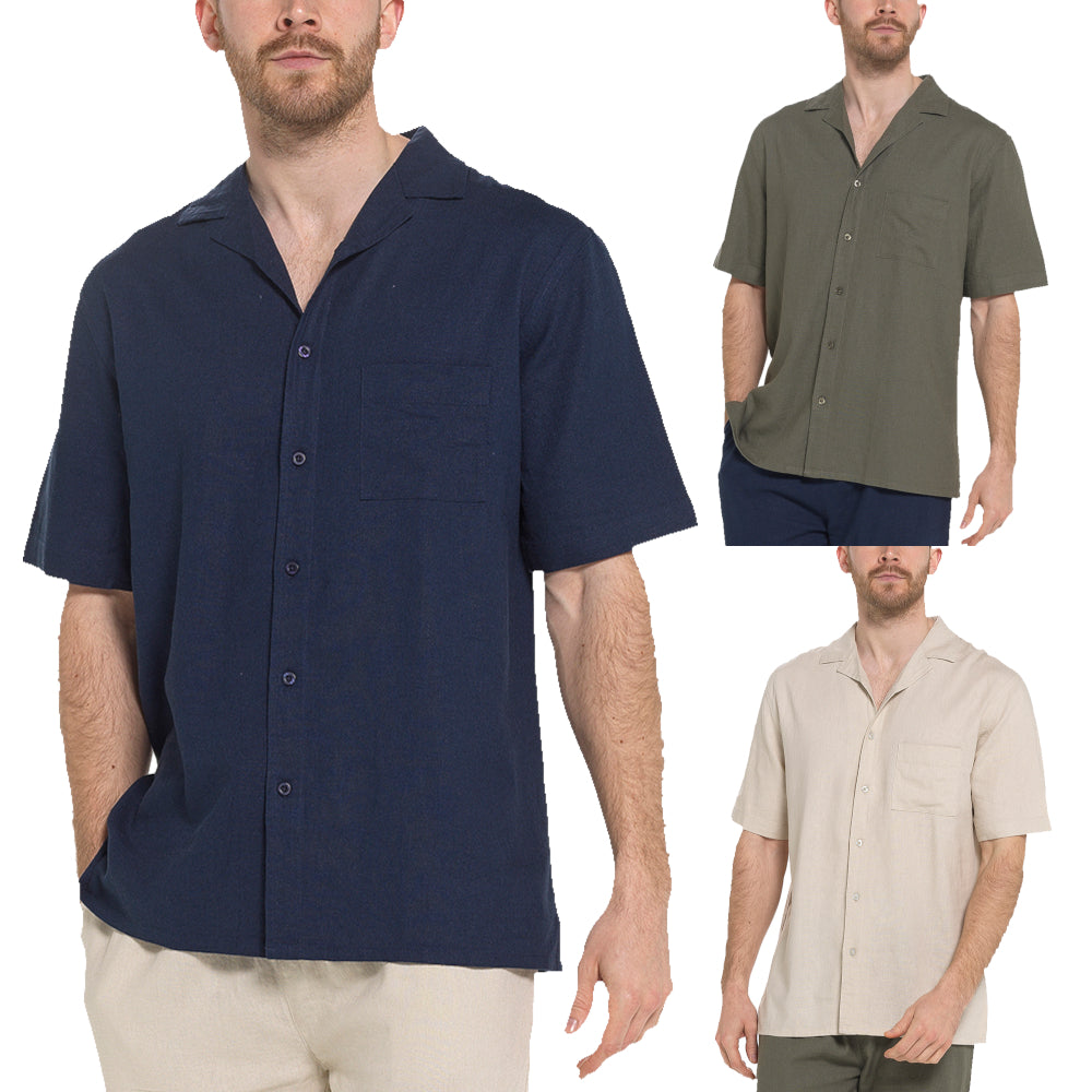 Indigo Roc Mens Linen Blend Camp Collar Shirt Short Sleeve Summer Casu - Collar Detail - QHA UK