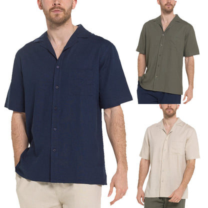 Indigo Roc Mens Linen Blend Camp Collar Shirt Short Sleeve Summer Casu - Collar Detail - QHA UK