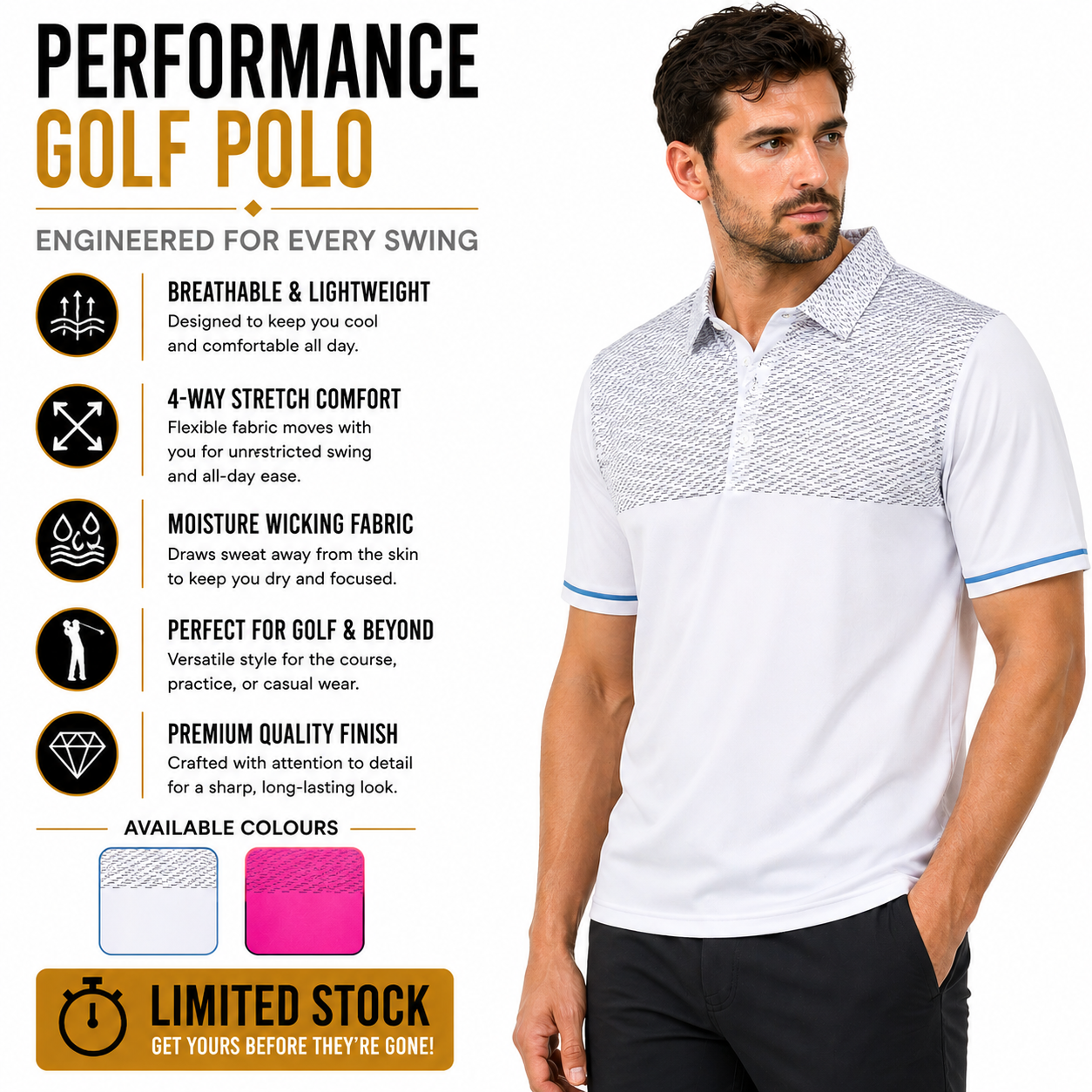 Island Green Golf Polo Shirt Mens Stretch Breathable Dash Print Casual - QHA UK
