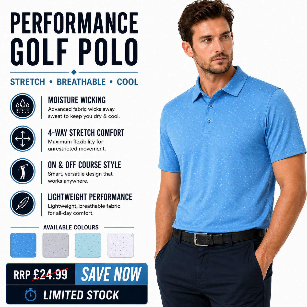 Mens Golf Polo Shirt Stretch Breathable Quick Dry Sports Casual Top | - QHA UK