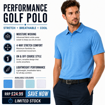 Mens Golf Polo Shirt Stretch Breathable Quick Dry Sports Casual Top | - QHA UK
