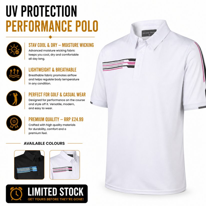 Mens Golf Polo Shirt UV Protection Breathable Stretch Sport Casual Top - QHA UK