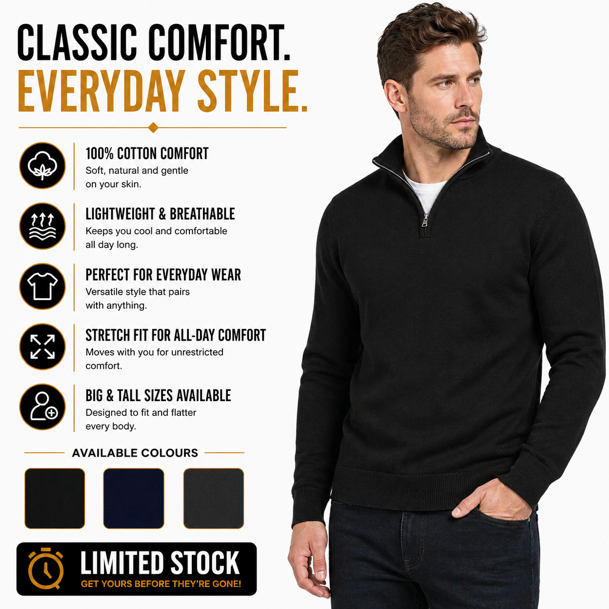 Mens Jacamo Quarter Zip Jumper Cotton Lightweight Knit Pullover S-6XL - QHA UK