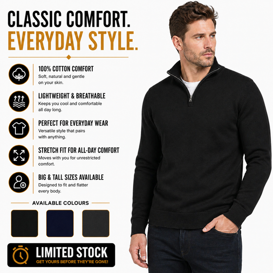 Mens Jacamo Quarter Zip Jumper Cotton Lightweight Knit Pullover S-6XL - QHA UK