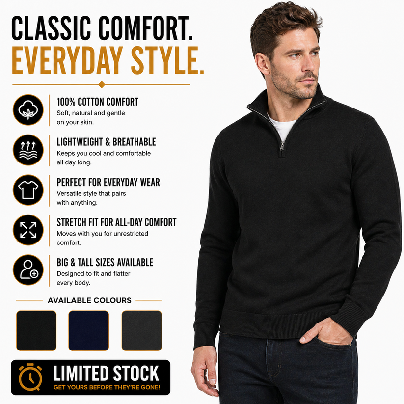 Mens Jacamo Quarter Zip Jumper Cotton Lightweight Knit Pullover S-6XL - QHA UK