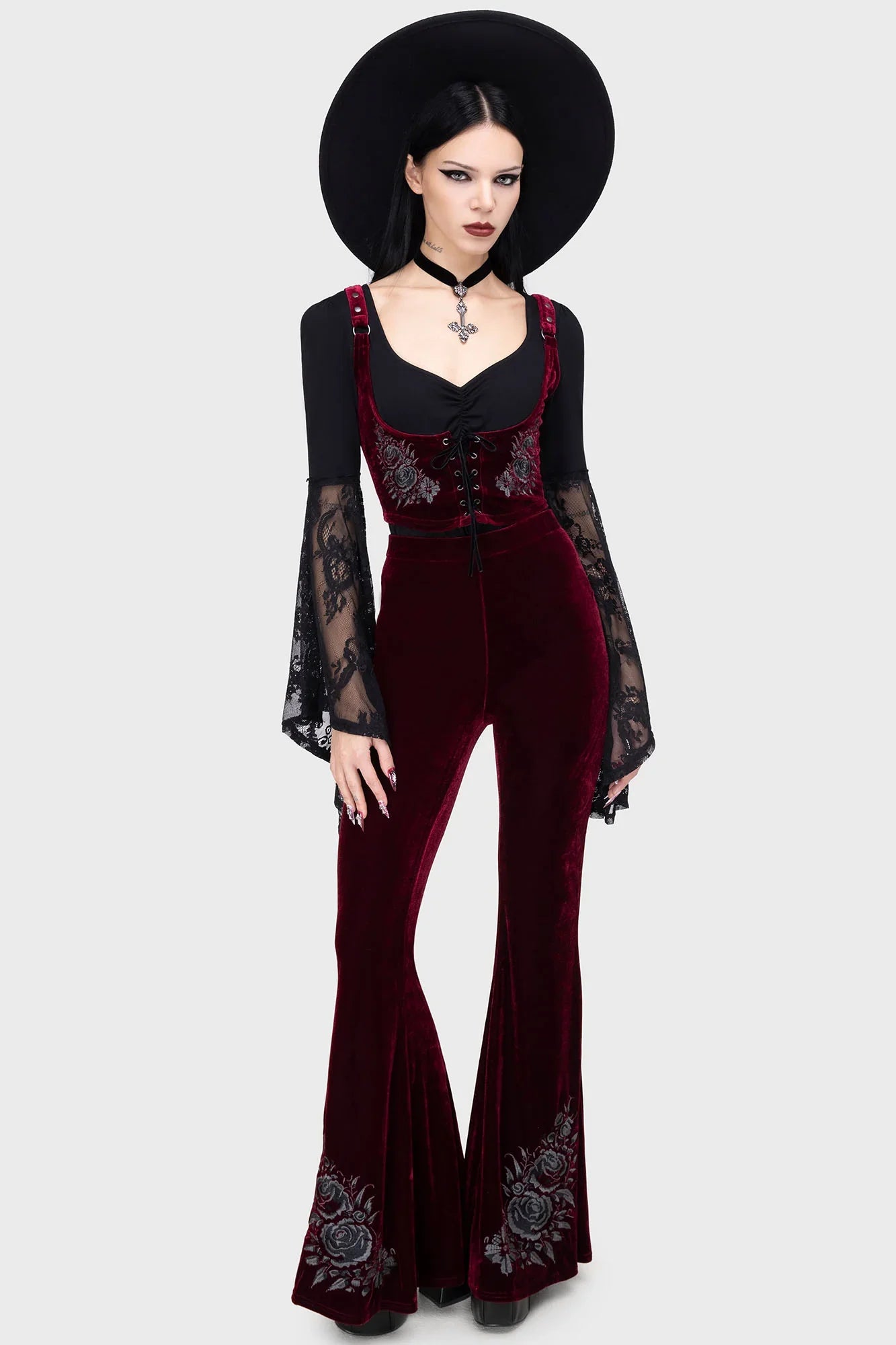 Killstar Women's Flared Trousers a Devil's Rose UK 8-22 - QHA UK