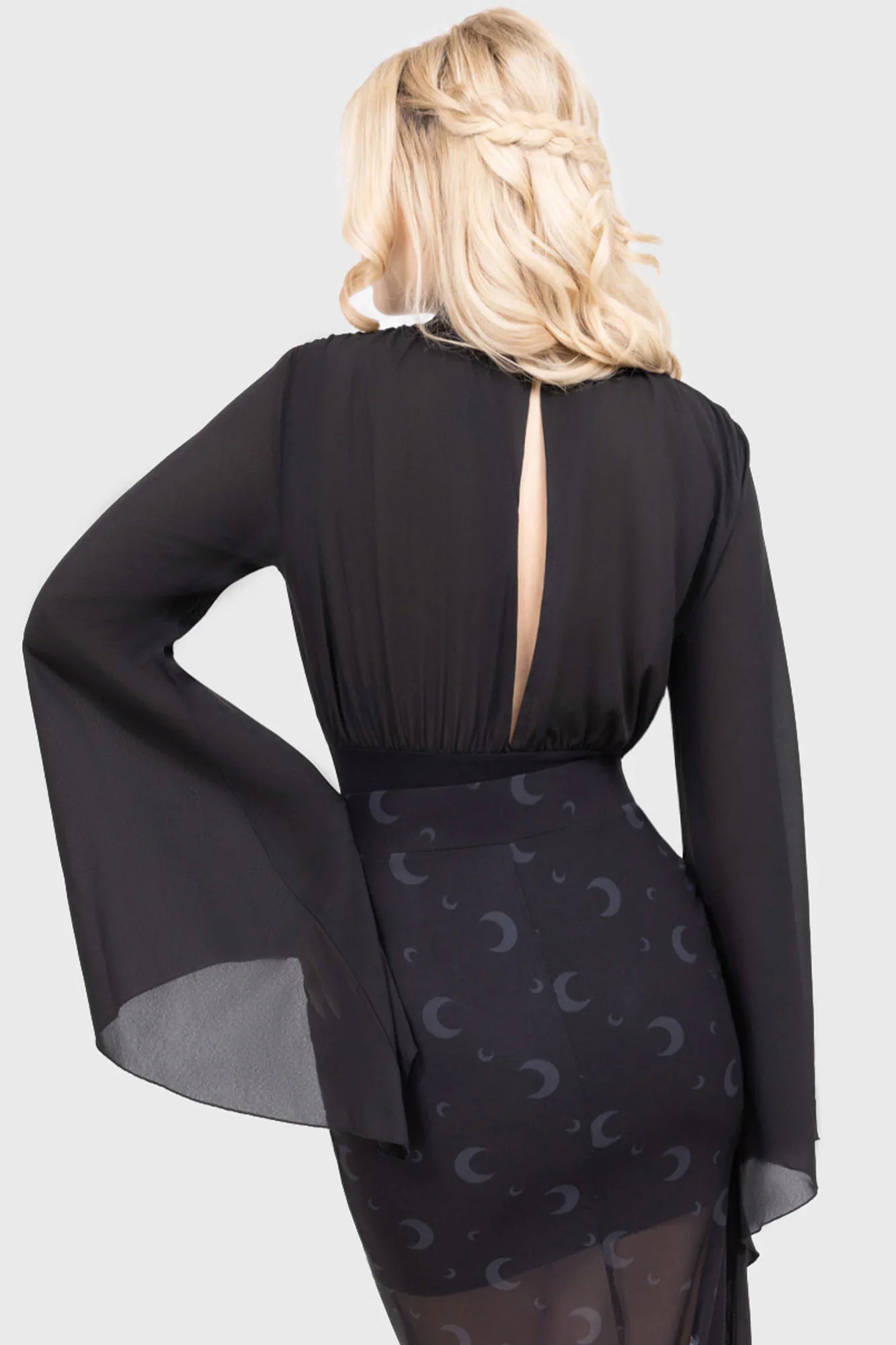 Killstar Women's Blouse Astralune High Neck Flared Sleeve Top UK 8-22 - Collar Detail - QHA UK