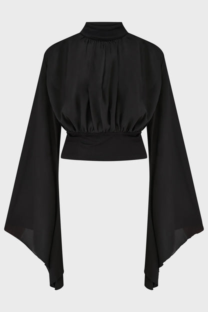 Killstar Women's Blouse Astralune High Neck Flared Sleeve Top UK 8-22 - Collar Detail - QHA UK