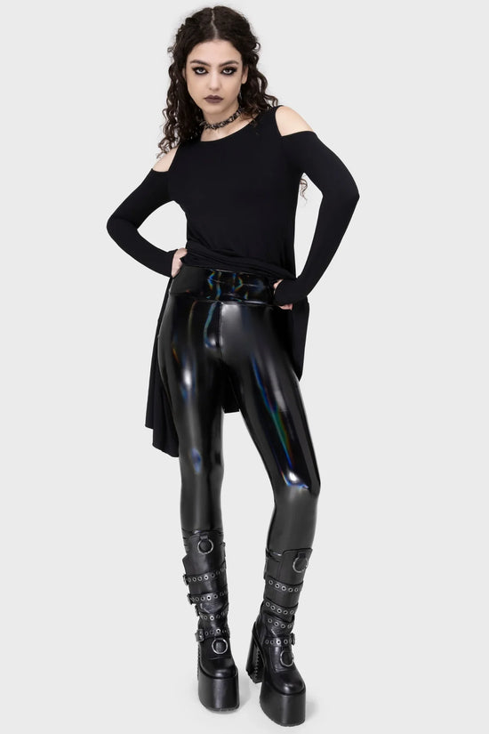 Killstar Women's Leggings Darkwaves and Raves Hi-Shine PU UK 8-22 - QHA UK