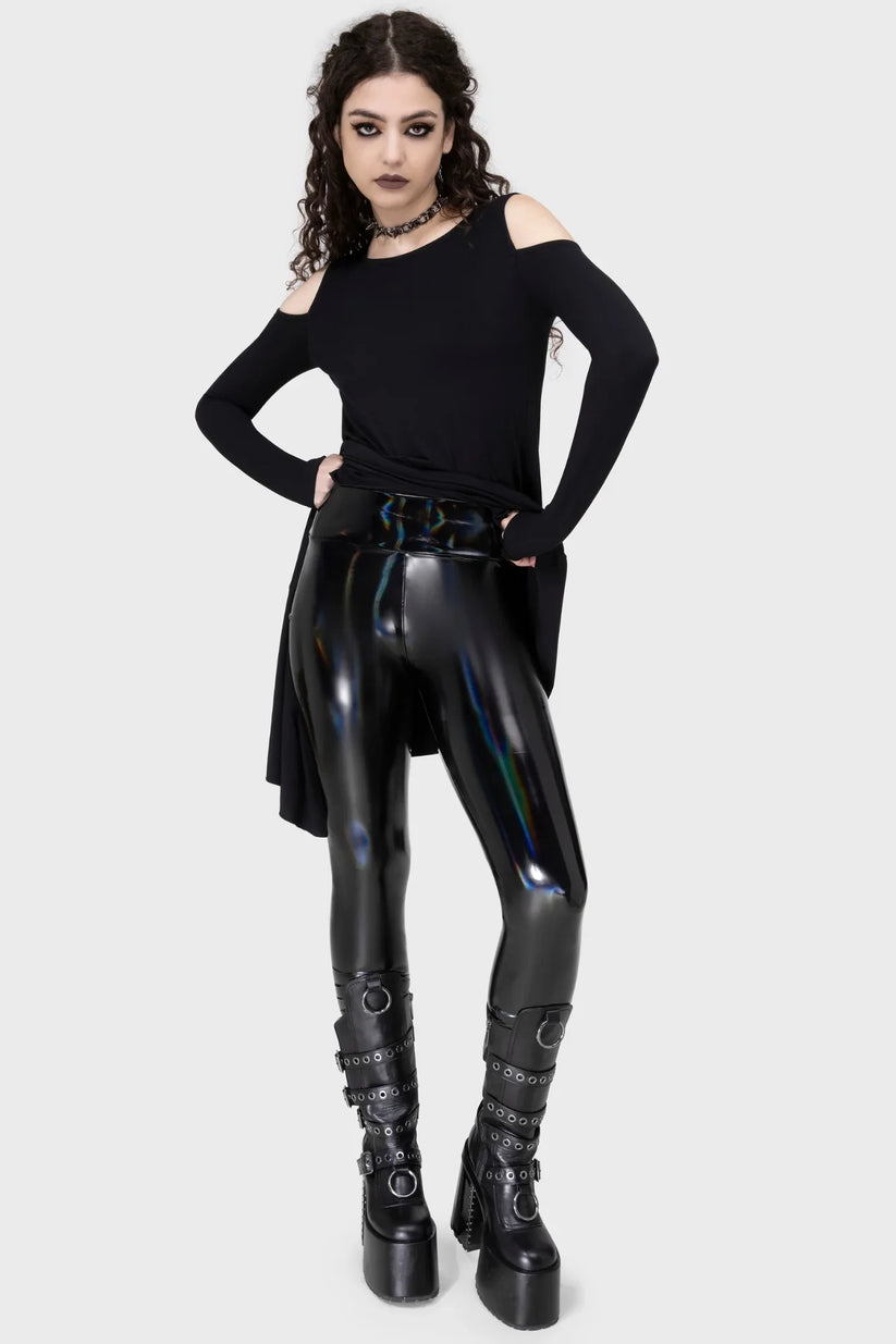 Killstar Women's Leggings Darkwaves and Raves Hi-Shine PU UK 8-22 - QHA UK