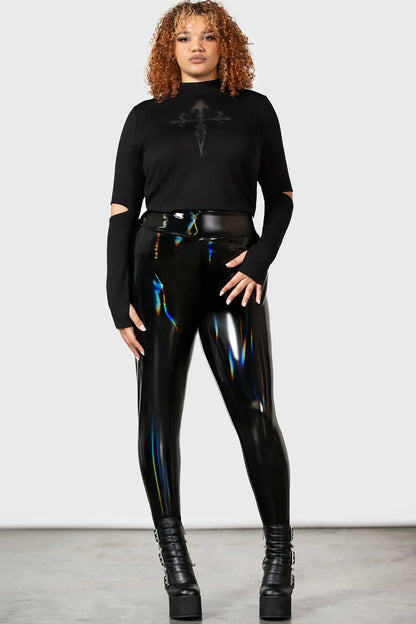 Killstar Women's Leggings Darkwaves and Raves Hi-Shine PU UK 8-22 - QHA UK