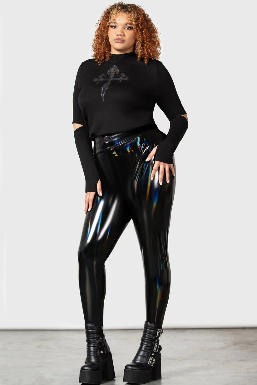 Killstar Women's Leggings Darkwaves and Raves Hi-Shine PU UK 8-22 - QHA UK
