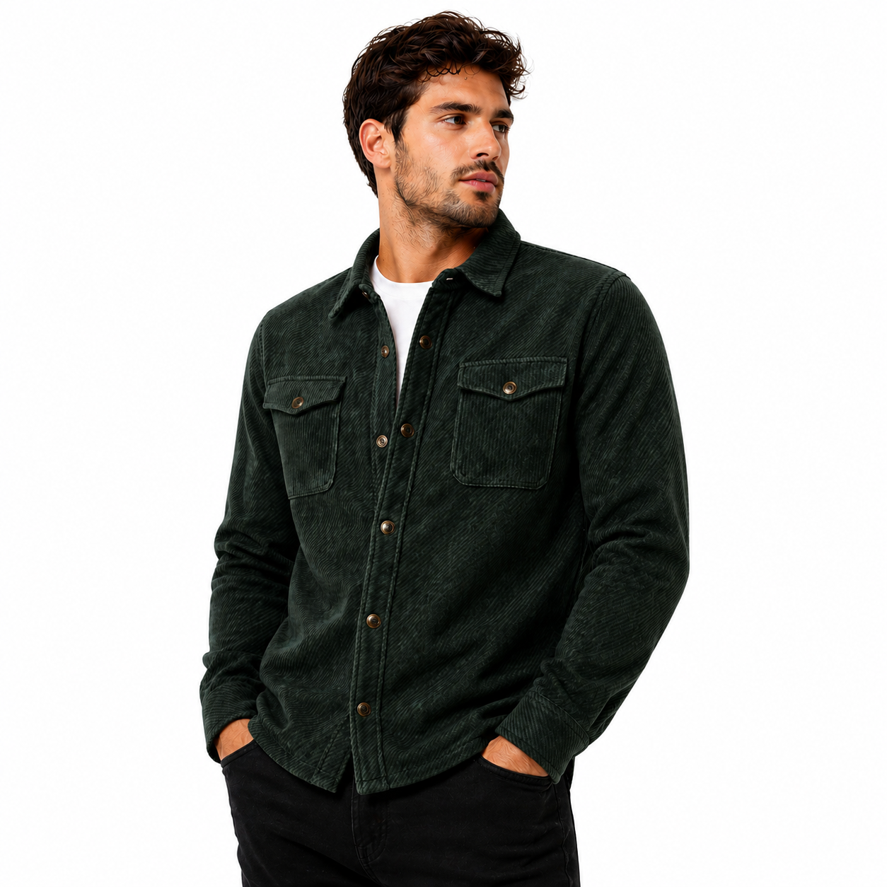 Laguna Mens Overshirt Jacket Brushed Warm Button Up Casual Shacket Coa - Button Detail - QHA UK