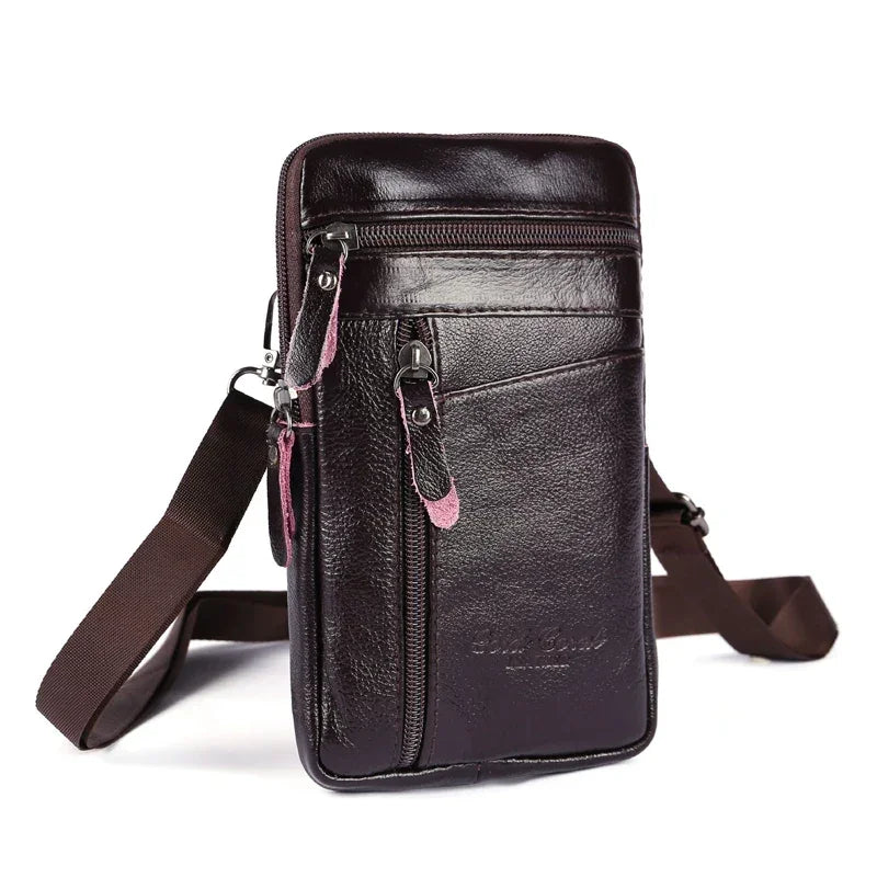 Mens Genuine Leather Phone Pouch Belt Bag Waist Crossbody Travel Walle - Pocket Detail - QHA UK
