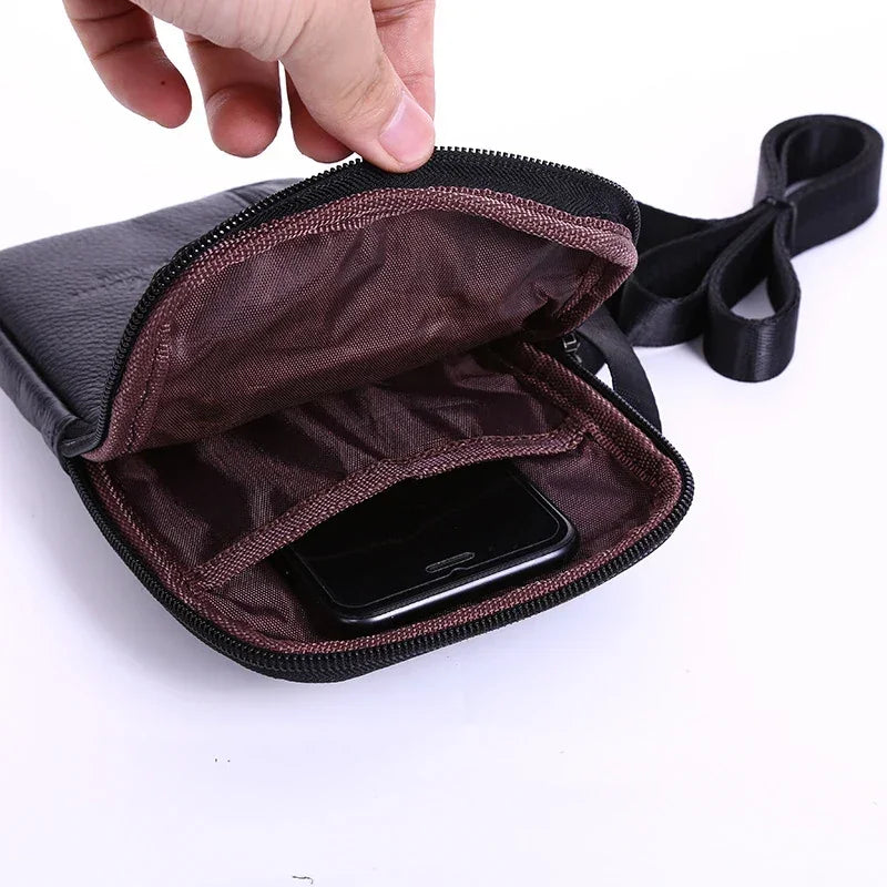 Mens Genuine Leather Phone Pouch Belt Bag Waist Crossbody Travel Walle - Pocket Detail - QHA UK