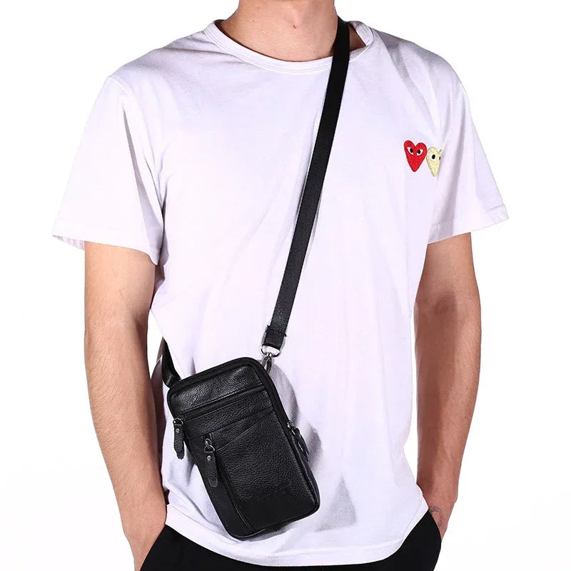 Mens Genuine Leather Phone Pouch Belt Bag Waist Crossbody Travel Walle - Pocket Detail - QHA UK