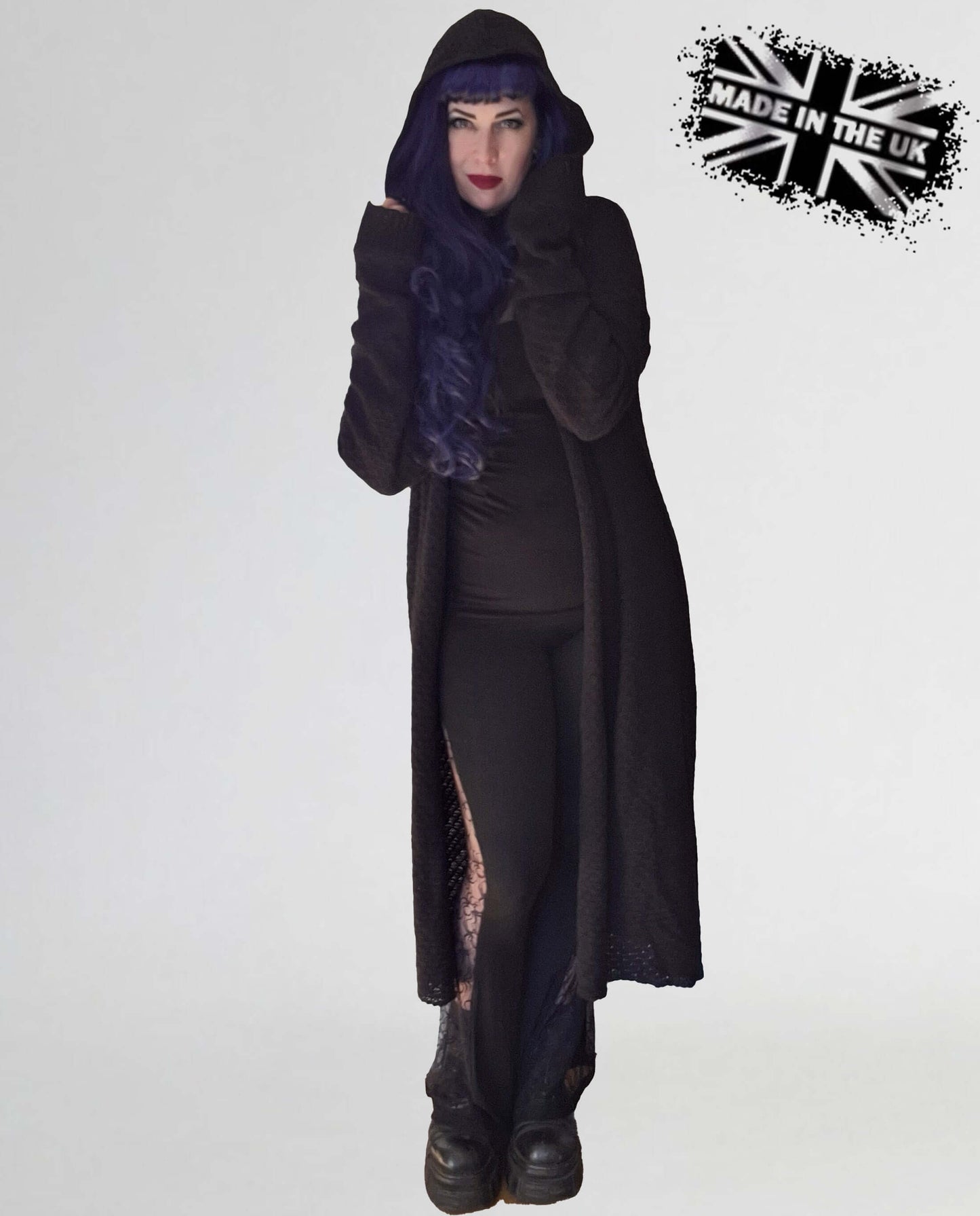 Necessary Evil Women's Gothic Cardigan Long Hooded Athena UK Made - Front View - QHA UK