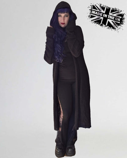 Necessary Evil Women's Gothic Cardigan Long Hooded Athena UK Made - Front View - QHA UK