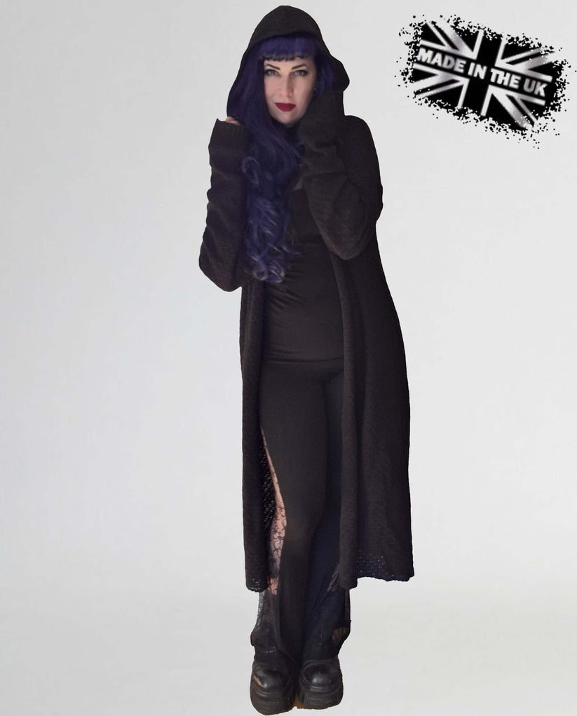 Necessary Evil Women's Gothic Cardigan Long Hooded Athena UK Made - Front View - QHA UK