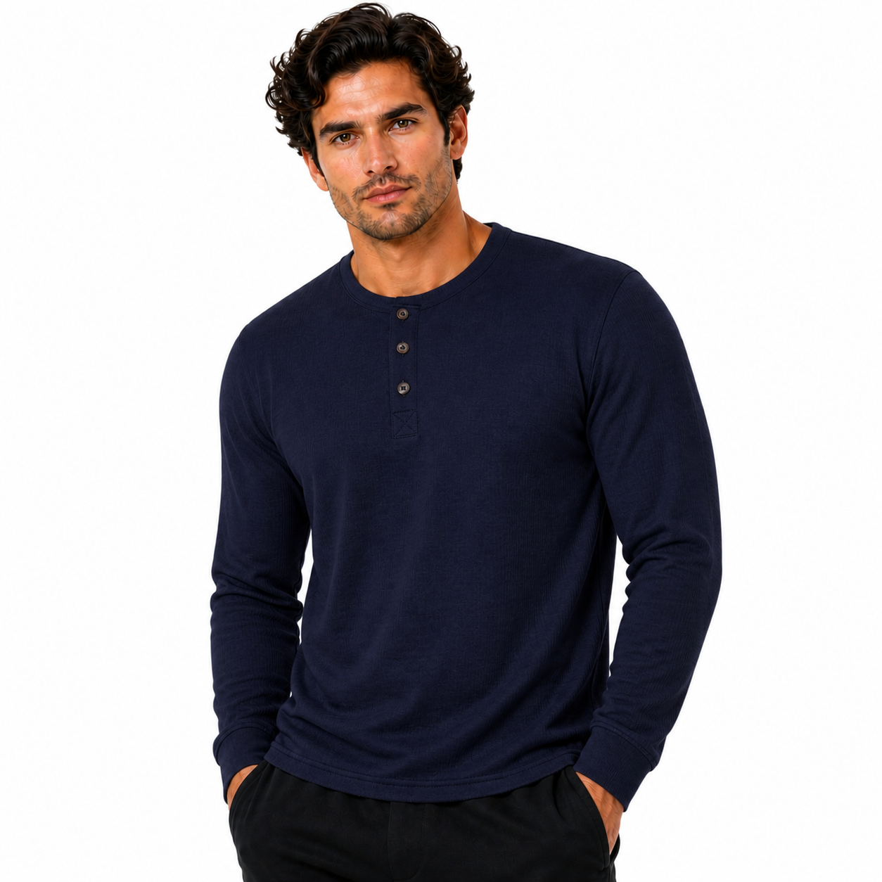 Henley Mens Long Sleeve T-Shirt Cotton Blend Casual Regular Fit Top | - QHA UK