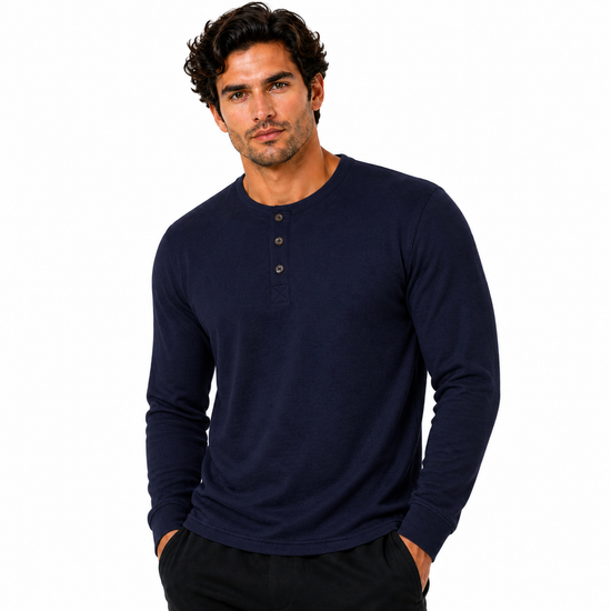 Henley Mens Long Sleeve T-Shirt Cotton Blend Casual Regular Fit Top | - QHA UK