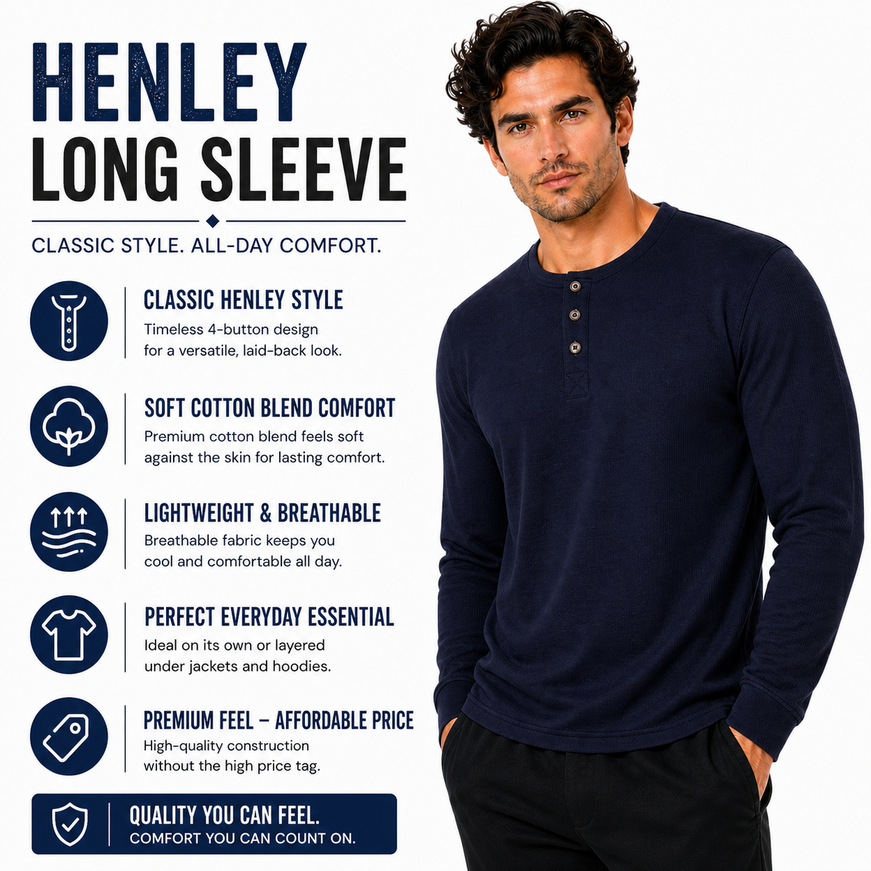 Henley Mens Long Sleeve T-Shirt Cotton Blend Casual Regular Fit Top | - Sleeve Detail - QHA UK