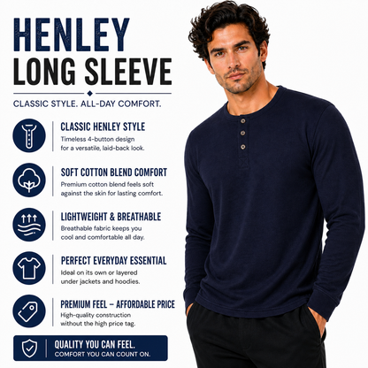 Henley Mens Long Sleeve T-Shirt Cotton Blend Casual Regular Fit Top | - Sleeve Detail - QHA UK