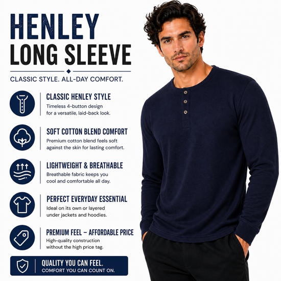 Henley Mens Long Sleeve T-Shirt Cotton Blend Casual Regular Fit Top | - Sleeve Detail - QHA UK