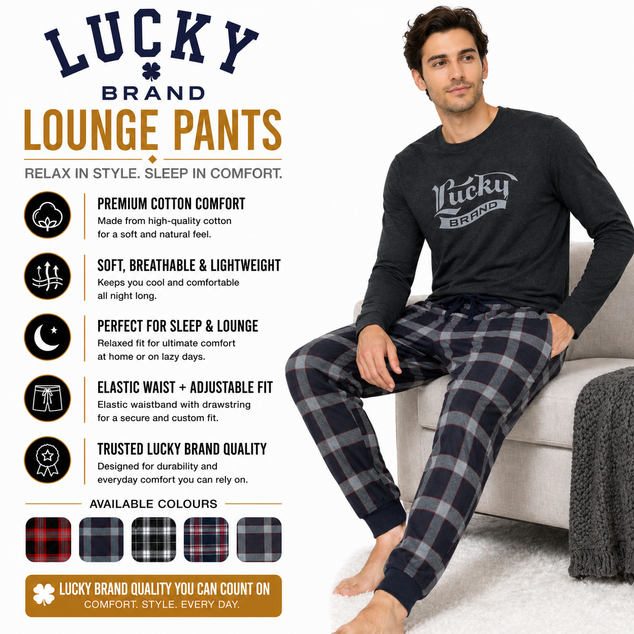 Lucky Brand Mens Pyjama Set Crew Neck Flannel Pants Cotton Lounge Slee - QHA UK