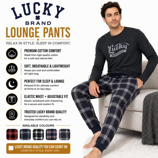 Lucky Brand Mens Pyjama Set Crew Neck Flannel Pants Cotton Lounge Slee - QHA UK