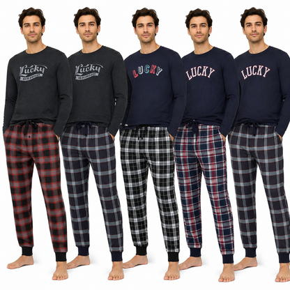 Lucky Brand Mens Pyjama Set Crew Neck Flannel Pants Cotton Lounge Slee - Collar Detail - QHA UK