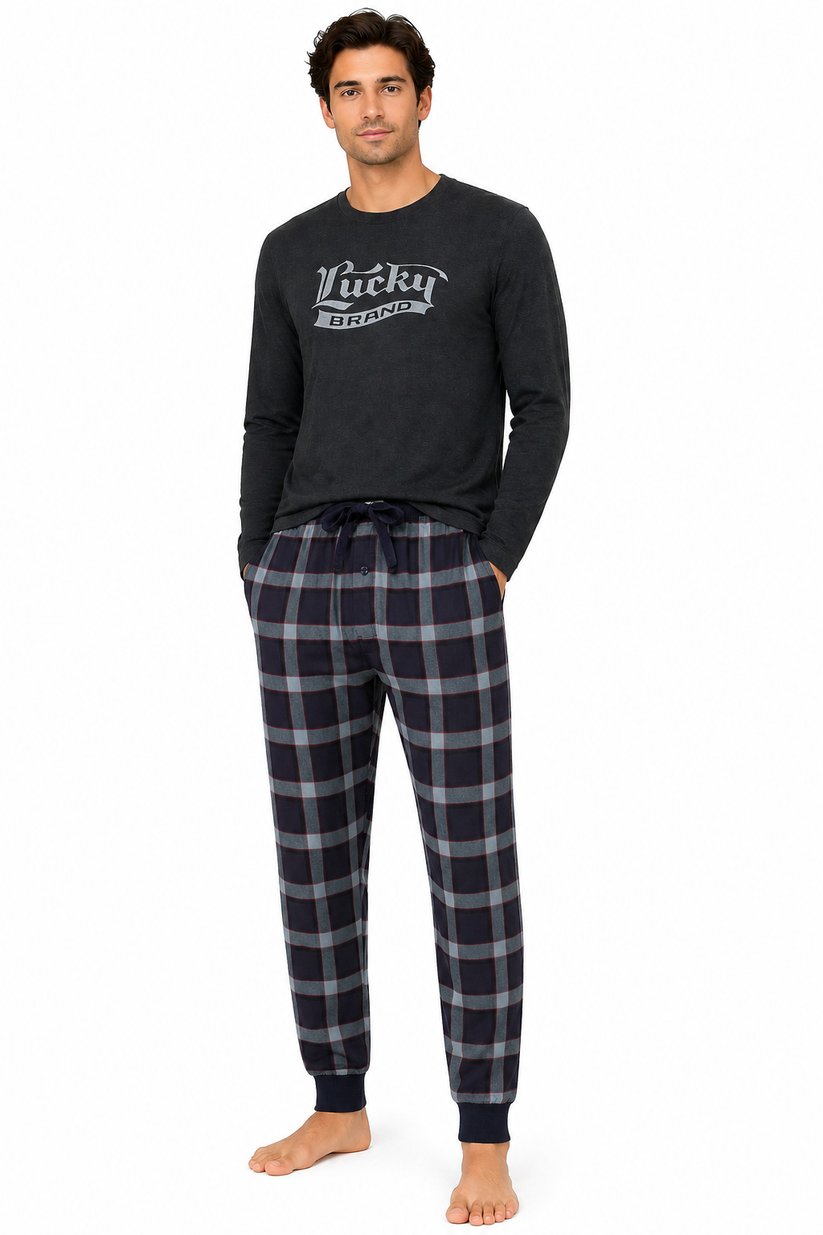 Lucky Brand Mens Pyjama Set Crew Neck Flannel Pants Cotton Lounge Slee - Collar Detail - QHA UK