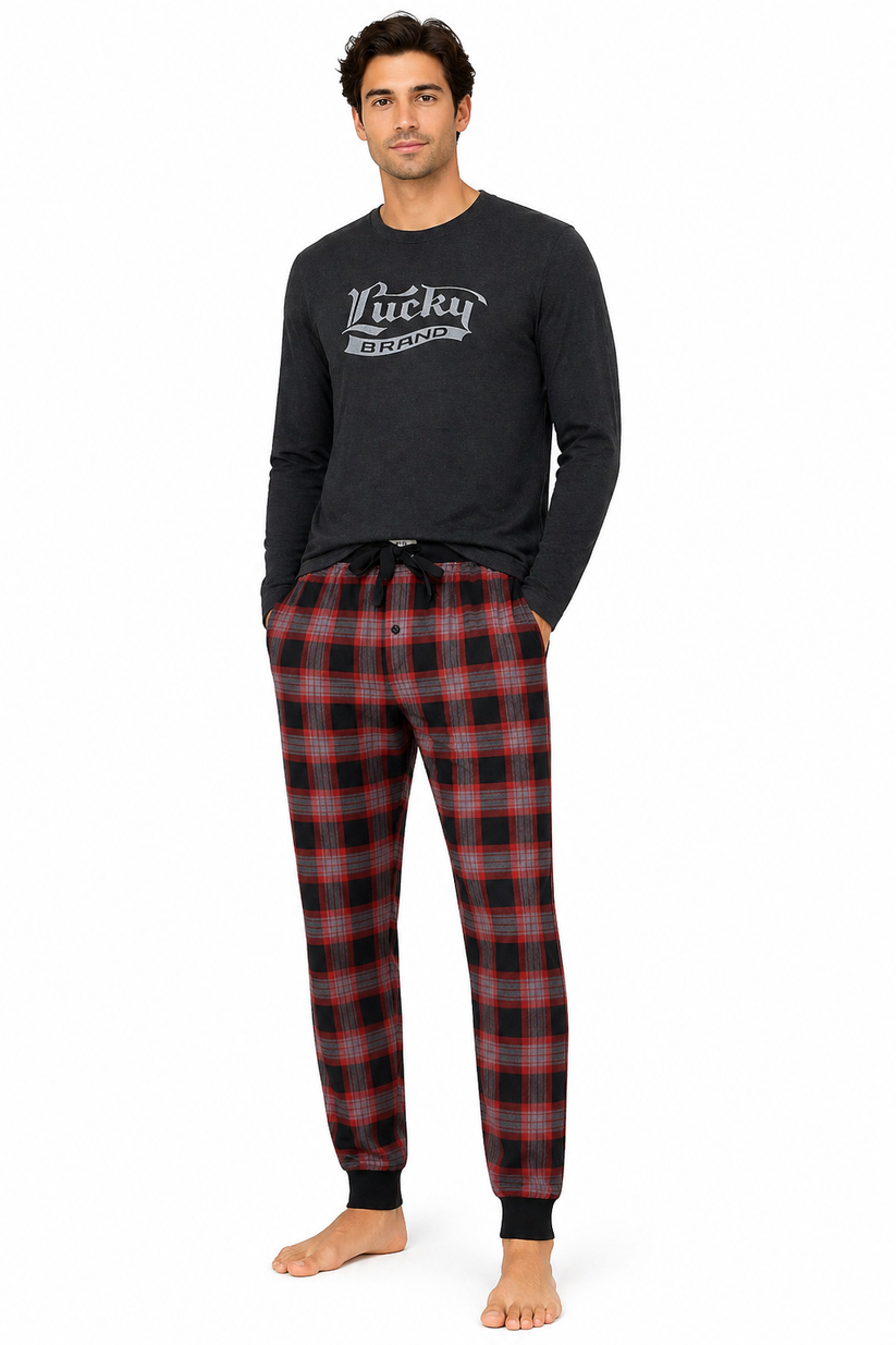 Lucky Brand Mens Pyjama Set Crew Neck Flannel Pants Cotton Lounge Slee - Collar Detail - QHA UK
