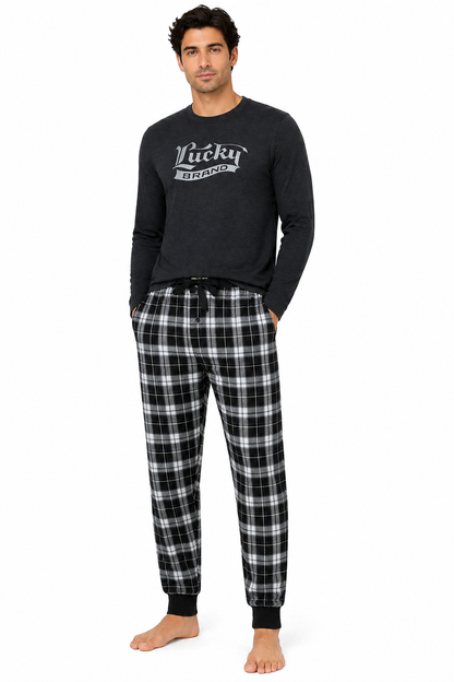 Lucky Brand Mens Pyjama Set Crew Neck Flannel Pants Cotton Lounge Slee - Collar Detail - QHA UK